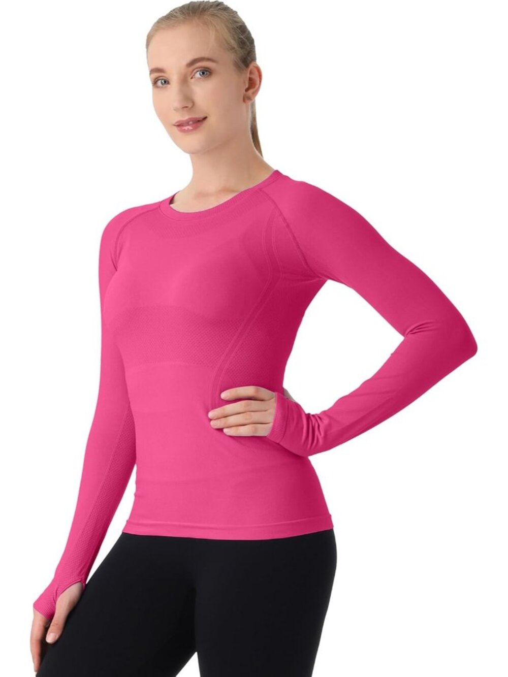 Women's Pink Seamless Workout Shirts Long Sleeve Yoga Tops Sports Slim Fit
